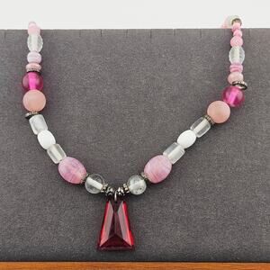 Pink Beaded Crystal Pendant Drop Necklace Multi Shade Girlie Barbiecore Kawaii
